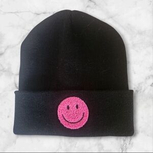 Black Beanie with Pink Smiley Face- One Size Fits Most